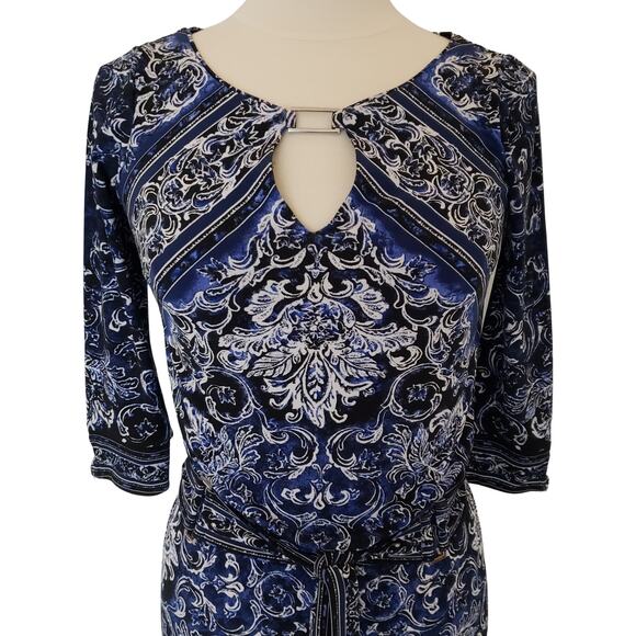 White House Black Market Damask Black Blue Dress w Silver Accents Size XXS - Picture 2 of 7